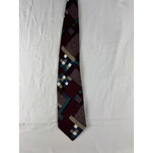 Mens Silk Tie Burgundy Geometric Pattern Formal Necktie